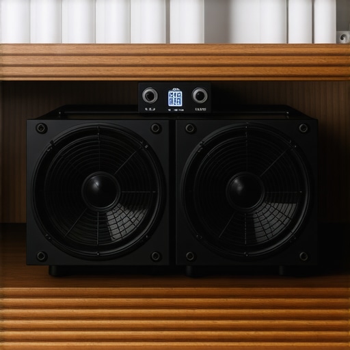 Optimizing Power Amp Cooling in Media Cabinets High-end power amplifier with active cooling fans in a wooden cabinet to prevent thermal throttling.