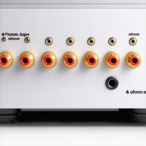 Close-up of AV receiver rear panel showing speaker wire connections and impedance settings.