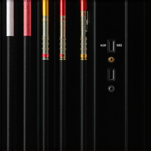 Close-up of organized audio cables and grounding wire on an AV receiver.