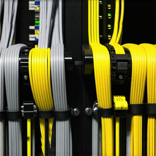 A view of neatly bundled and separated power and signal cables behind a home theater media hub and receiver.