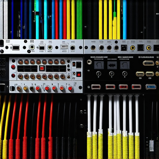 A clean and organized AV equipment rack showing labeled speaker cables and proper ventilation space.