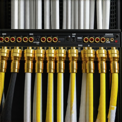 Properly labeled and connected speaker cables in a high-end audio rack