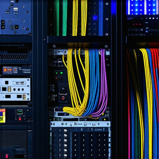 Properly labeled cables and cooling fans in a home theater rack setup