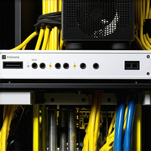 Close-up of labeled cables and an AC Infinity cooling fan on a power amp.