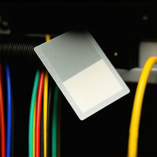 Organizing AV Cables with a Label Maker A hand holding a label maker marking a thick speaker cable behind a media rack for organization.