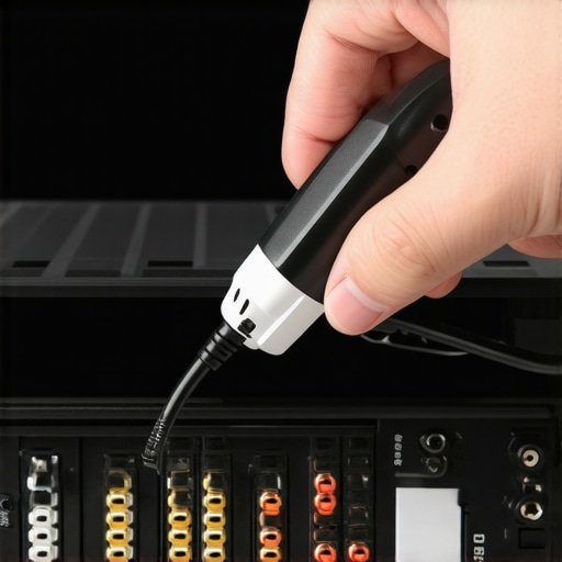 A person labeling home theater cables behind an AV receiver for better maintenance.