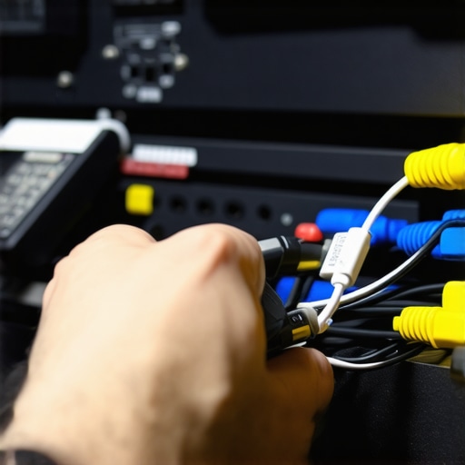 A person labeling audio and video cables behind a media rack for better organization.