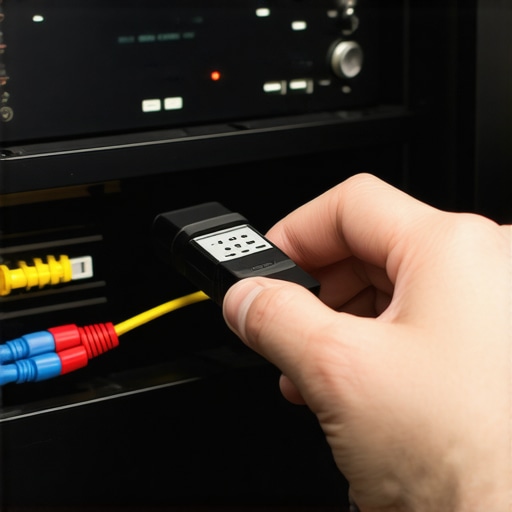 A person labeling audio cables behind a home theater receiver for maintenance.