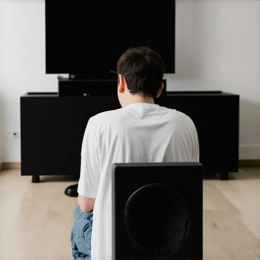 A man on hands and knees testing subwoofer placement in a living room