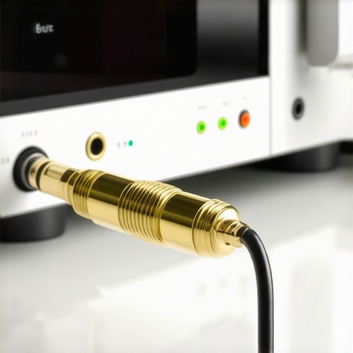 Close-up of a high-quality gold-plated banana plug in an AV receiver terminal.
