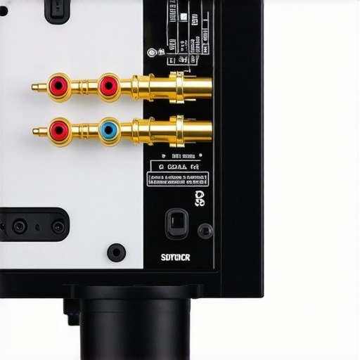 A close-up view of clean speaker wire connections and gold-plated terminals on an AV receiver.
