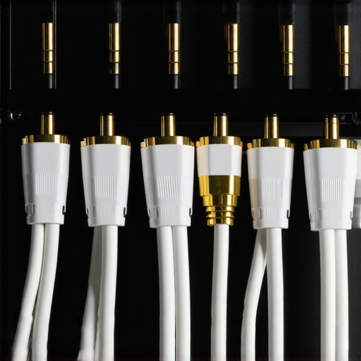 Close-up of labeled speaker wires in a home theater rack