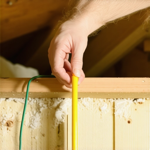 A person uses a yellow glow rod to guide speaker cables through a wall header in a dark attic with insulation.