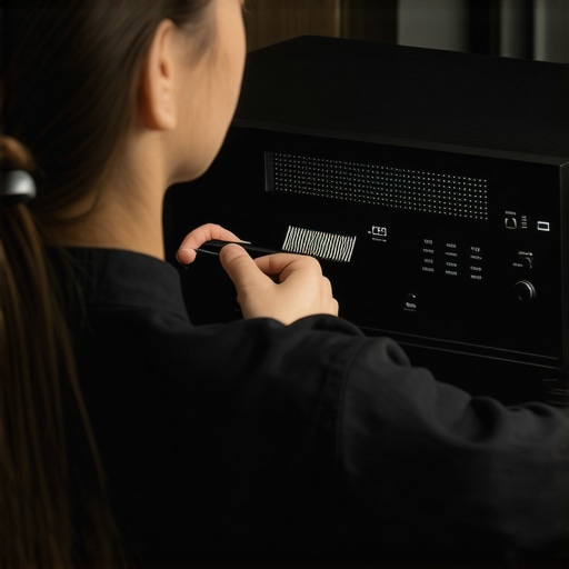Cleaning dust from the back of an AV receiver to prevent overheating.