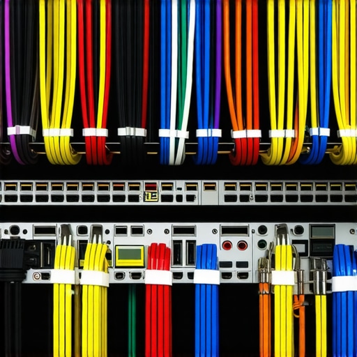 Close-up of organized and labeled home theater cables behind a rack