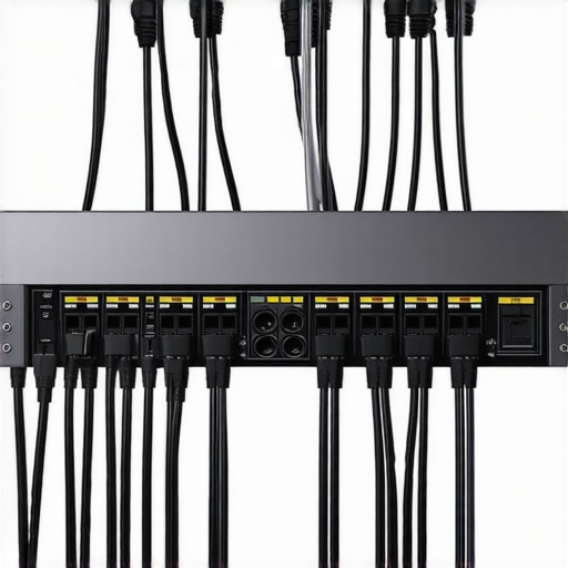 Close-up of neatly organized and labeled audio cables in a home theater rack