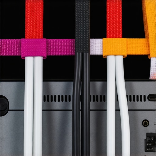 Close-up of neatly organized AV cables with velcro straps