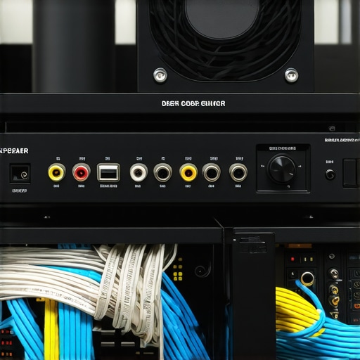 Neatly organized AV rack with cooling fans and labeled speaker cables