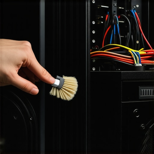 Close up of a soft brush cleaning a speaker driver with organized cables in the background