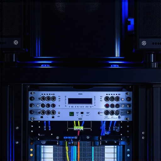 High-end AV rack with cooling fans and labeled cables for maintenance
