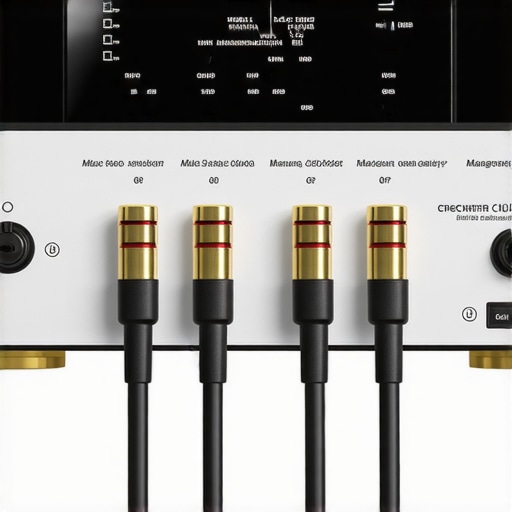 Close-up of premium speaker cables and banana plugs connected to an AV receiver