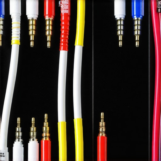 Close-up of labeled speaker wires and banana plugs connected to an AV receiver.