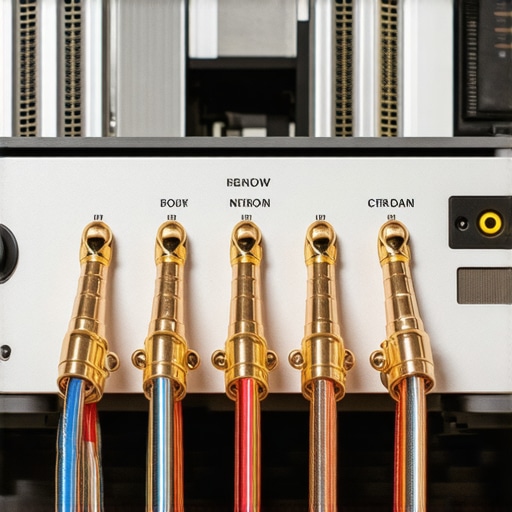 Close up of speaker wire connections on a high end home theater receiver showing copper wires and binding posts.