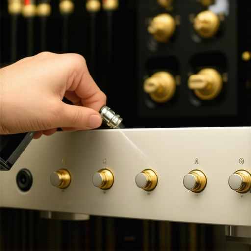 Close up of cleaning audio terminals with labeled cables in a home theater rack