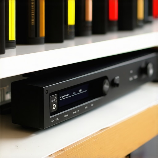 A neat home theater rack showing labeled cables and a sound pressure level meter for calibration.