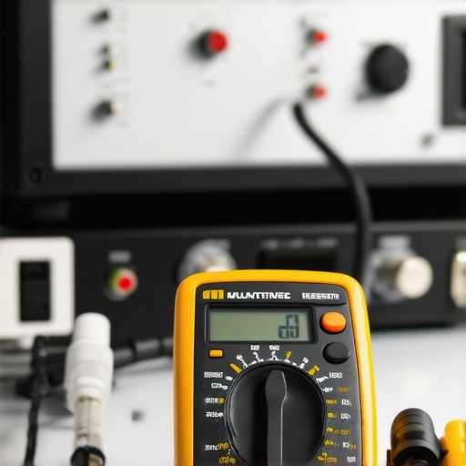 A digital multimeter checking the resistance of speaker cables connected to a power amplifier.