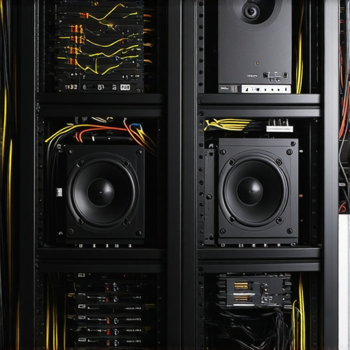 Close up of a well ventilated audio rack with color coded and labeled speaker cables