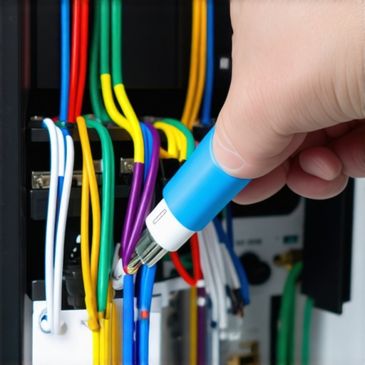 Using a label maker to organize AV cables behind a media hub.