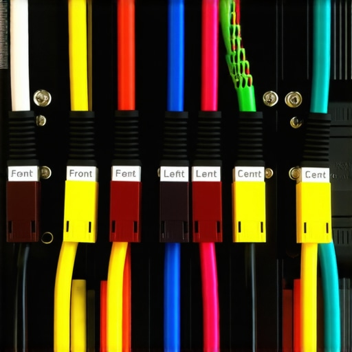 Close-up of organized and labeled speaker wires connected to the back of a home theater receiver.