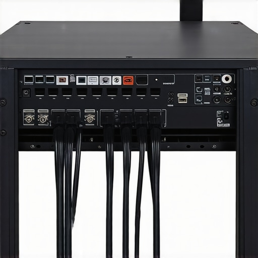 Close-up of organized home theater cables showing proper routing to avoid electromagnetic interference.