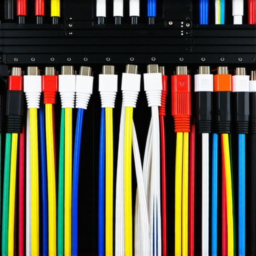 Organized AV rack with labeled speaker cables and HDMI connections
