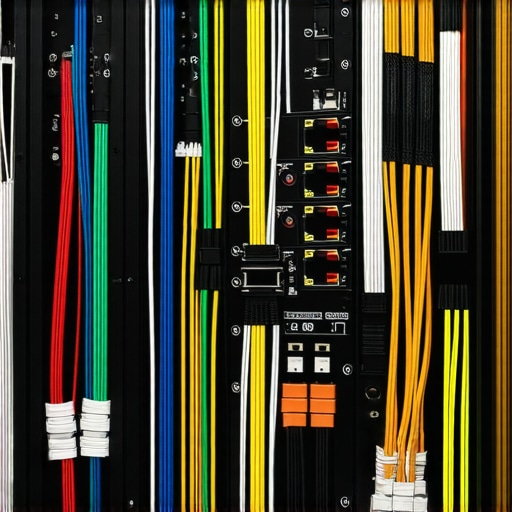 Professional Cable Management in Home Theater Rack Close up of a well-organized home theater AV rack showing separated power and signal cables.