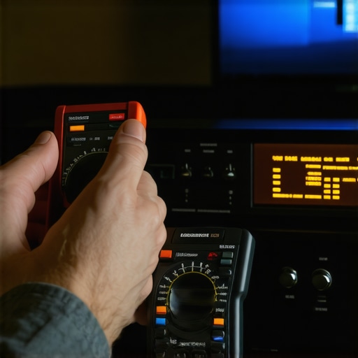 A digital multimeter and SPL meter being used to calibrate a high-end AV receiver.