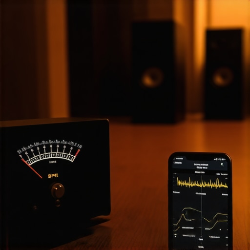 An analog SPL meter and a smartphone app used for audio calibration in a home theater setting.