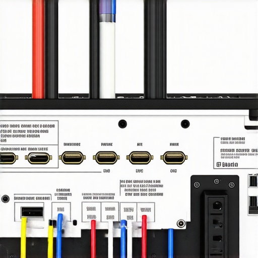 Labeled HDMI cables organized behind a home theater receiver to prevent interference.