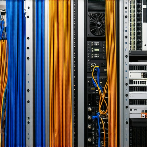 A well-ventilated AV rack featuring organized speaker cables and active cooling for high-end receivers.
