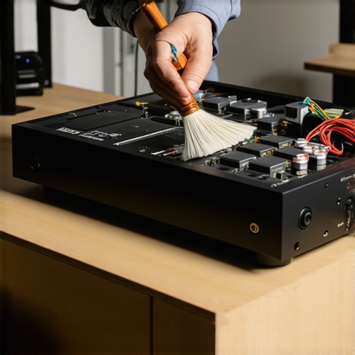 Close up of cleaning a dusty AV receiver with professional tools.