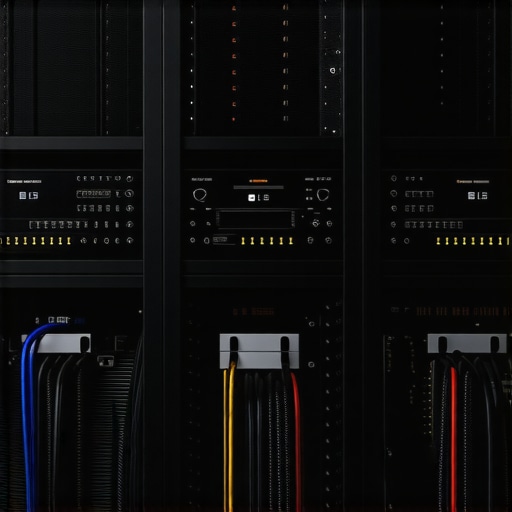 Close-up of organized AV receivers and power amplifiers in a cooling rack