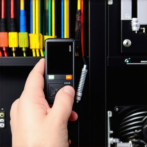 Close-up of labeled theater cables and a sound pressure level meter used for manual audio calibration.