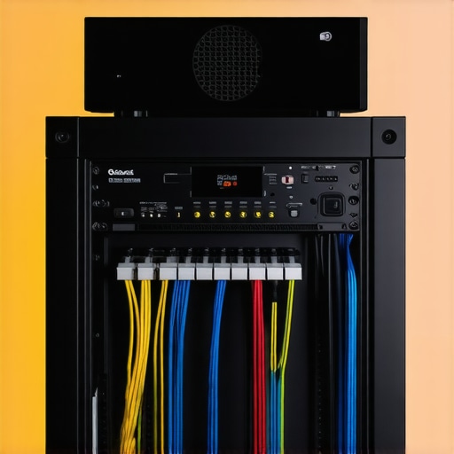 A clean AV rack with an active cooling fan and organized speaker cables.