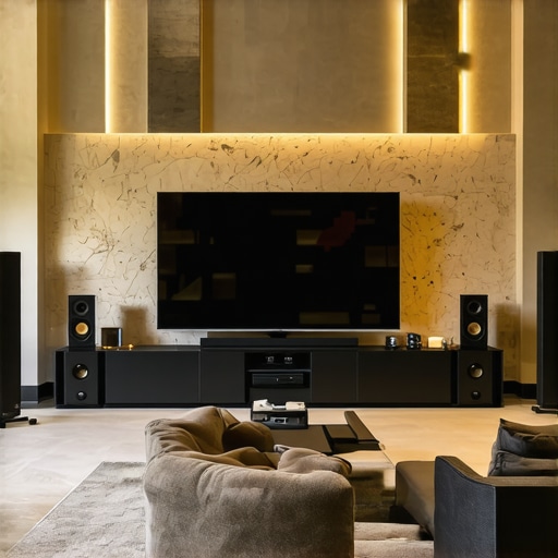 A modern home theater setup showing acoustic panels and high-end audio equipment for optimal sound quality.