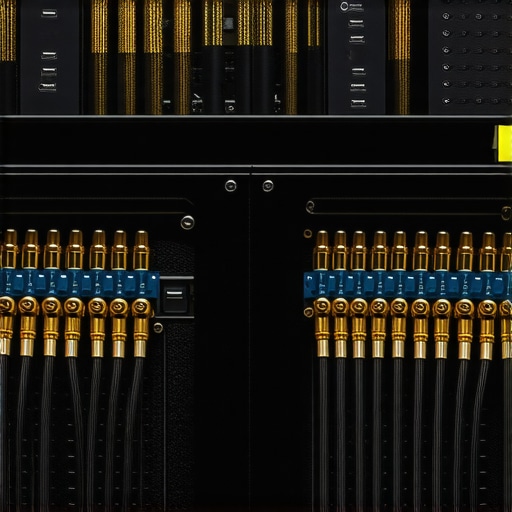 Close-up of organized speaker cables and spade lug connections on a power amplifier in a professional home theater rack.