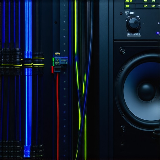 High-end power amplifier and organized speaker cables in a home theater rack.
