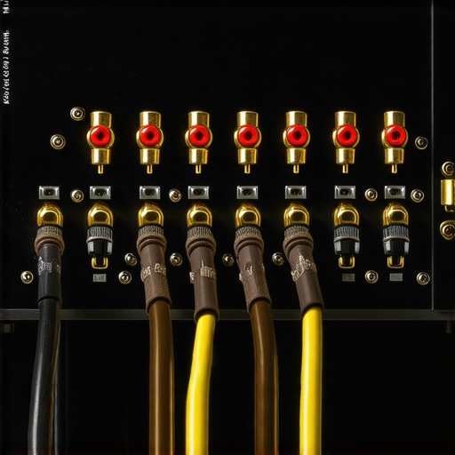 Close up of a professional home theater power amplifier showing speaker cable connections and high-current hardware.