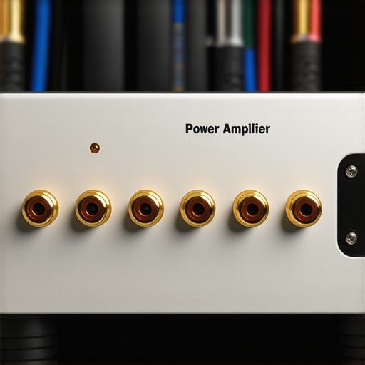 Close-up of premium speaker cables with banana plugs connected to a power amplifier terminal.