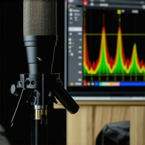 Professional Room Calibration and Measurement Tools UMIK-1 calibration microphone on a tripod measuring home theater acoustics with REW software.